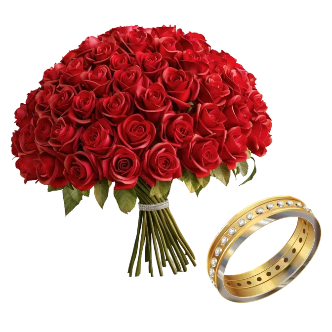 A bouquet of 100 roses and Gold Ring