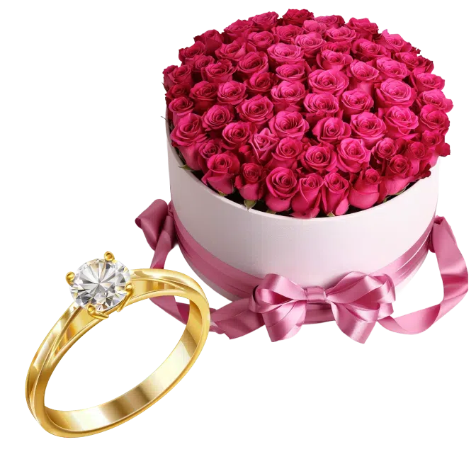A bouquet of 100 roses and Gold Ring with 1 Diamond (1 Сr)